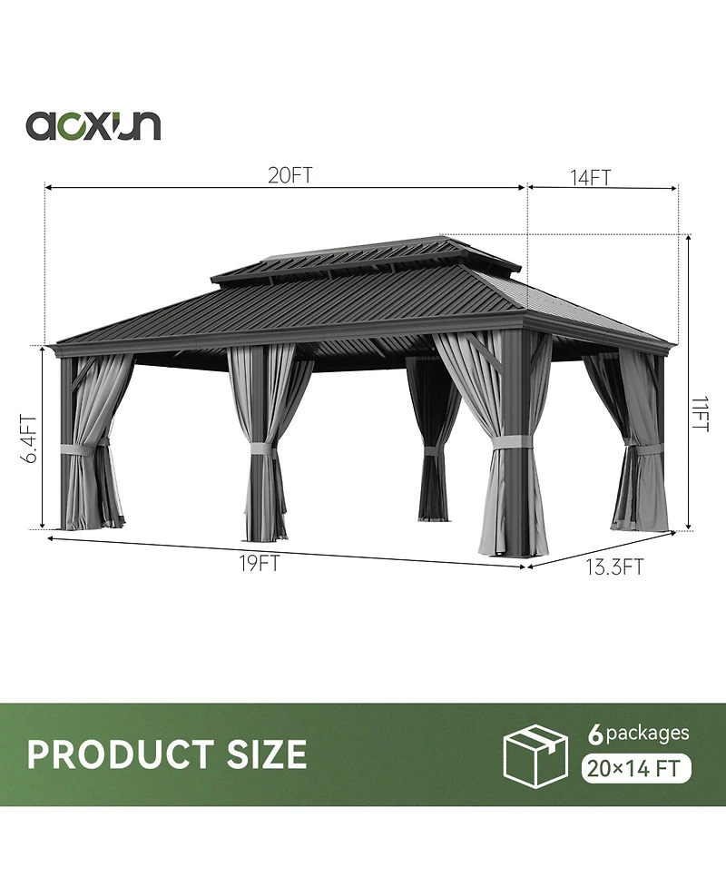 Aoxun Aluminum Hardtop Gazebo, Double Steel Roof Pavilion with Drainage System and Netting