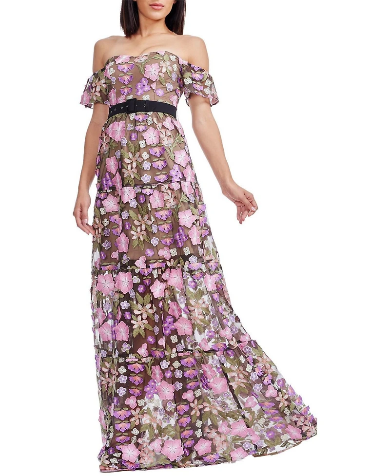 Dress The Population Women's Lara Off-the-Shoulder Sweetheart 3D Floral Embroidered Tiered Gown