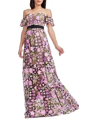 Dress The Population Women's Lara Off-the-Shoulder Sweetheart 3D Floral Embroidered Tiered Gown