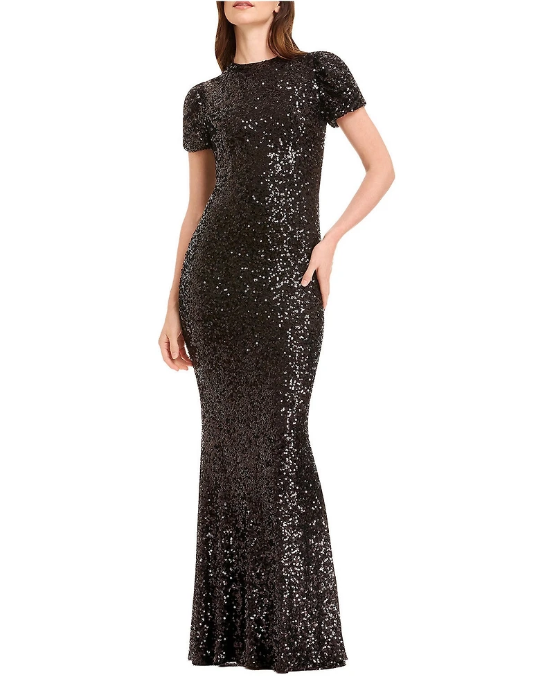 Dress The Population Women's Kenzie Short Sleeve Sequin Mermaid Gown
