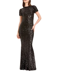Dress The Population Women's Kenzie Short Sleeve Sequin Mermaid Gown