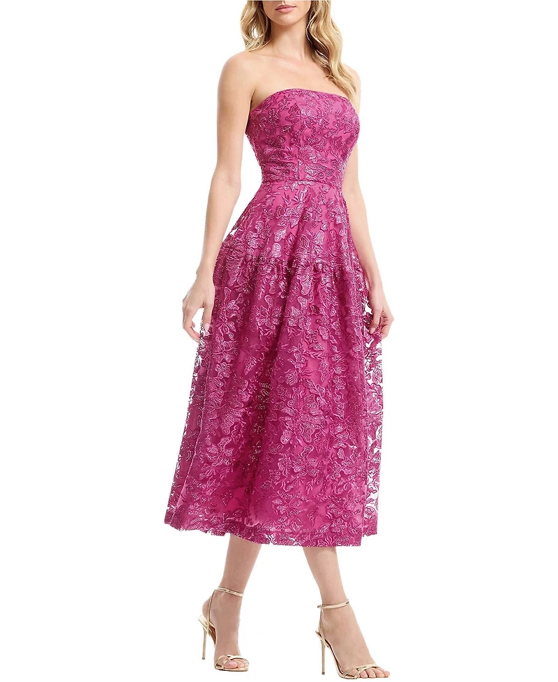 Dress The Population Women's Gemma Strapless Floral Lace Tiered Midi Dress