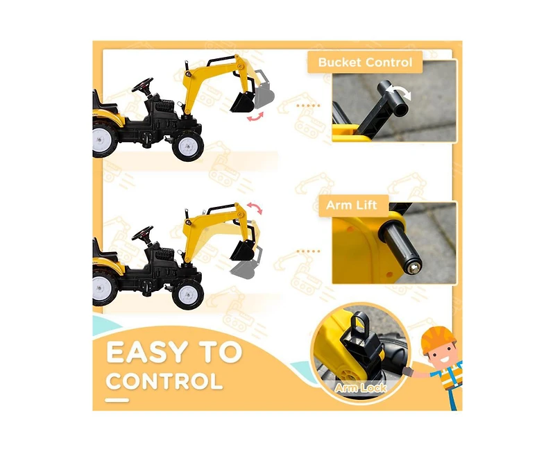 Yobtop Digger Foot-Powered Excavator Ride-On Toy with Detachable Trailer, 77-lb Capacity, Ages 3-6