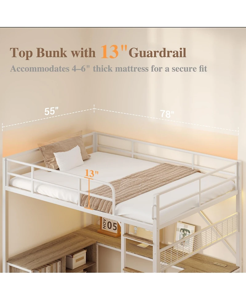 homfan Loft Bed with Metal Frame Large Desk Surface, Open Baskets, Pc Stand, Elevated, Durable, Sturdy, Compact Bed for Rooms
