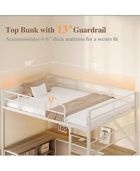 homfan Loft Bed with Metal Frame Large Desk Surface, Open Baskets, Pc Stand, Elevated, Durable, Sturdy, Compact Bed for Rooms