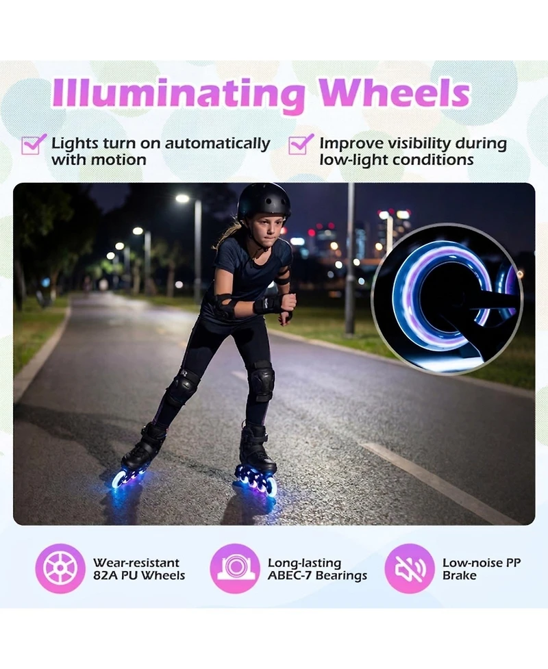 Sugift Kids Inline Skates with Low-Noise Brake Illuminating Wheels and 4-Size Adjustment Ages 9-14