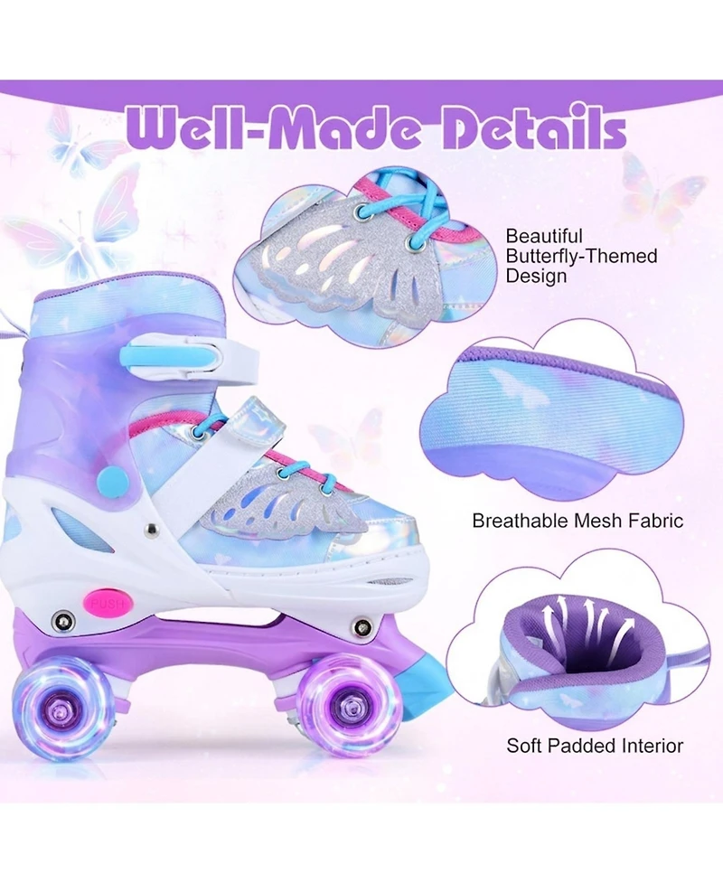 Sugift Butterfly Kids Roller Skates One-Button Expandable with Motion Led Wheels Ages 5-7