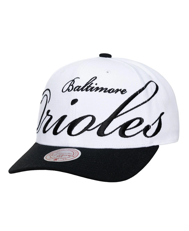 Mitchell & Ness Men's and Women's White/Black Baltimore Orioles Xl Script Pro Crown Adjustable Hat