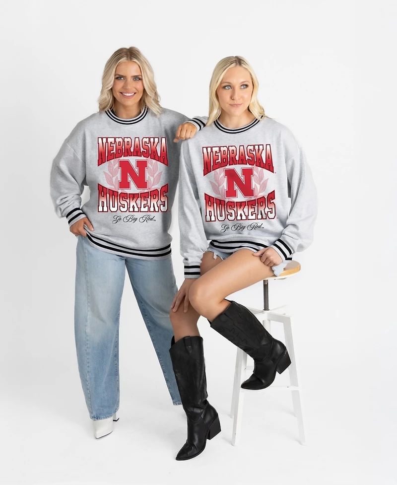 Gameday Couture Women's Ash Nebraska Huskers Oversized Fade Route Ringer Stripe Sweatshirt
