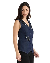 Nvlt Women's Beaded V-Neck Sleeveless Denim Vest
