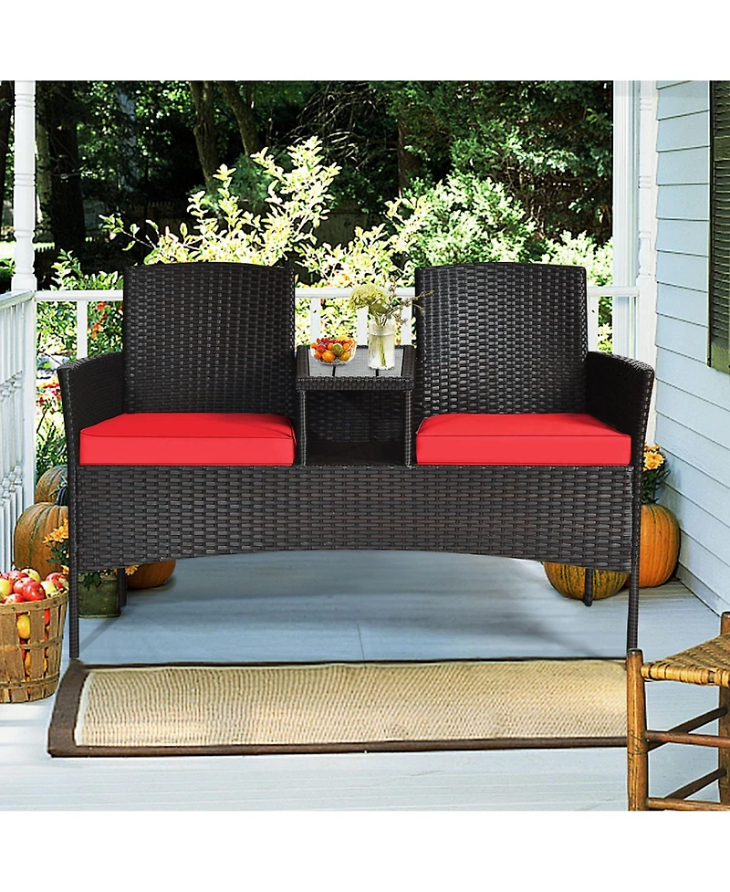 Gymax Patented Rattan Wicker Patio Conversation Set w/ Loveseat Table Cushion