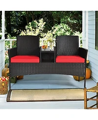 Gymax Patented Rattan Wicker Patio Conversation Set w/ Loveseat Table Cushion