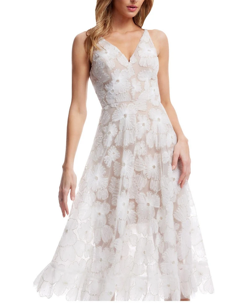 Dress The Population Women's Blair V-Neck 3D Floral Embroidered Fit and Flare Dress