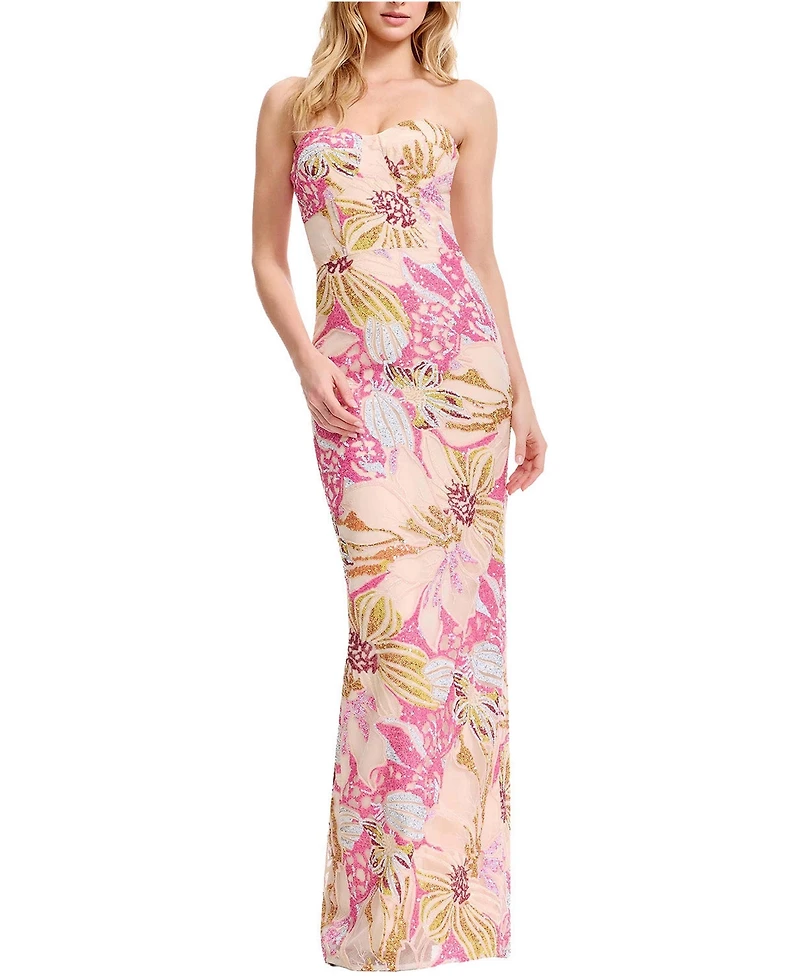 Dress The Population Women's Vada Strapless Sweetheart Floral Sequin Bodycon Gown