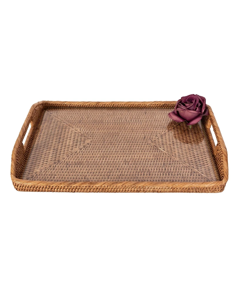 Artifacts Trading Company Rattan Rectangular Tray with Glass Insert