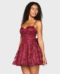 Alex & Sophia Juniors' Sweetheart Neckline Embroidered Lace Sequin Back Bow Dress