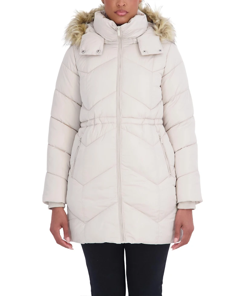 Sebby Collection Women's 3/4 Hooded Faux Fur Trimmed Puffer Coat