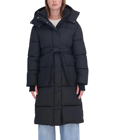 Sebby Collection Women's Long Hooded Belted Puffer Coat