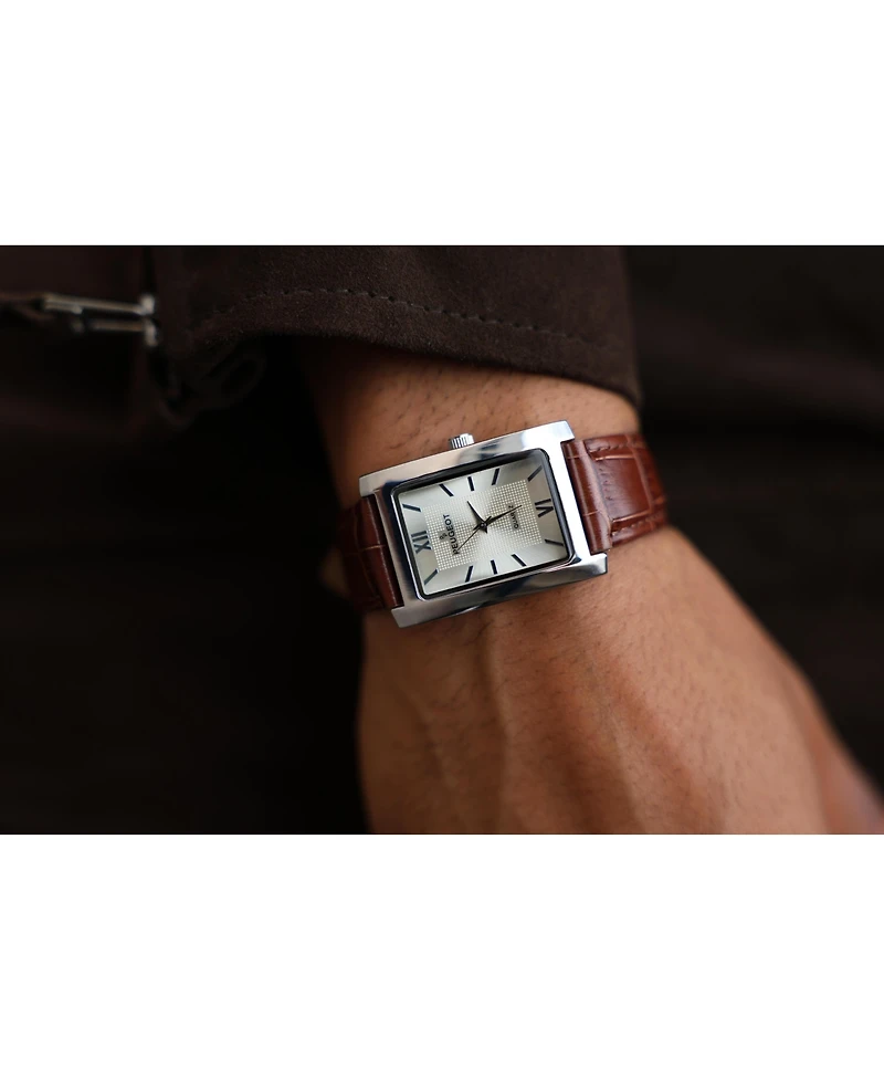 Peugeot Men's 30X40mm Silver Tank Shape Watch with Textured Dial Brown Leather Strap