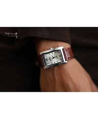 Peugeot Men's 30X40mm Silver Tank Shape Watch with Textured Dial Brown Leather Strap