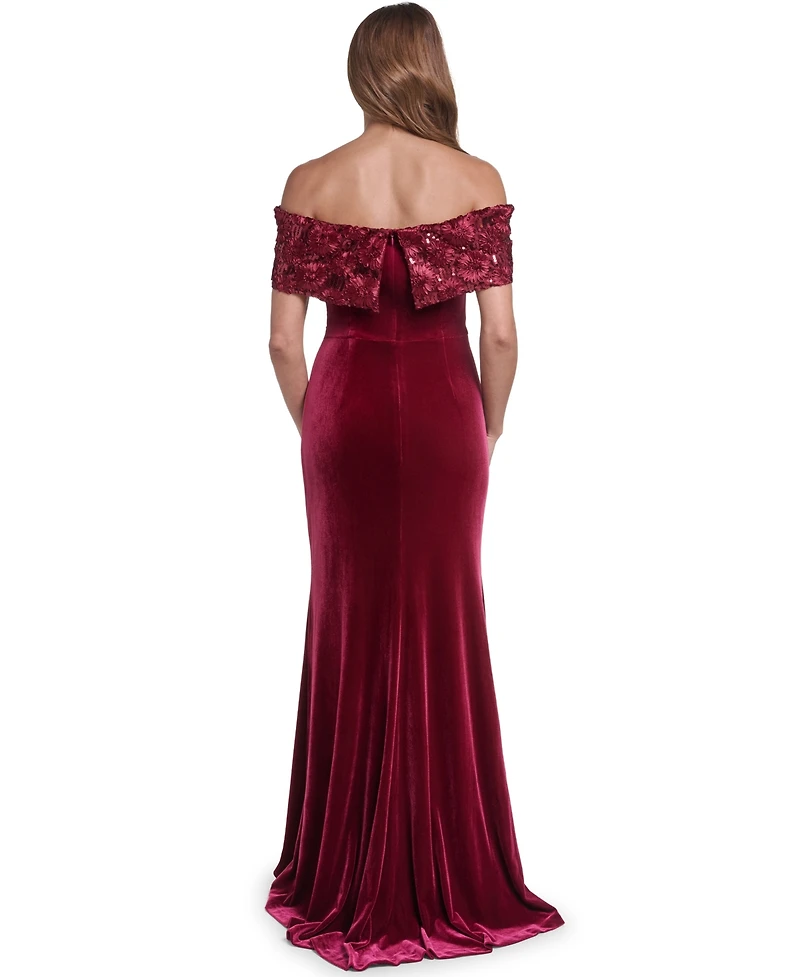 Eliza J Women's Off the Shoulder Side Tuck Velvet Floral-Applique Sequin Gown