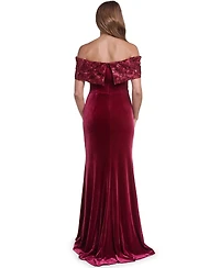 Eliza J Women's Off the Shoulder Side Tuck Velvet Floral-Applique Sequin Gown