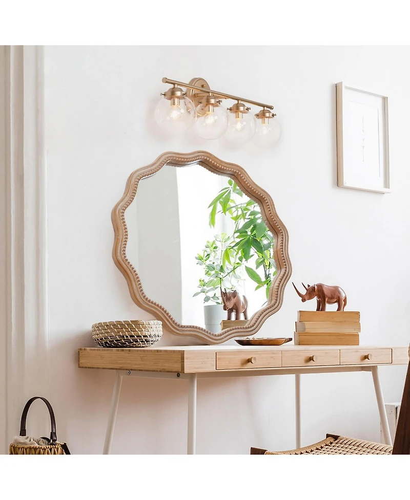 Phying 23.62 Inch Wavy Scalloped Round Wall Mirror Large Decorative Solid Wood Framed Circle Mirror Modern Stylish Hanging Vanity Mirror