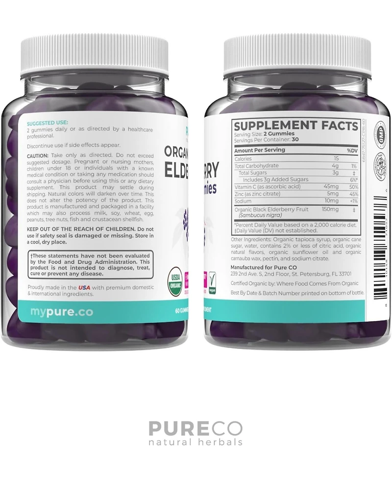 Pure Co Elderberry Gummies, Elderberry with Vitamin C and Zinc, 60 Gummies