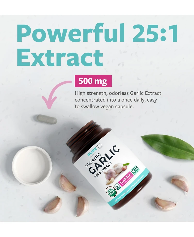 Pure Co Garlic Extract Capsules, 25:1 Garlic Extract, 12,500 Milligram Herbal Equivalent, 60 Capsules