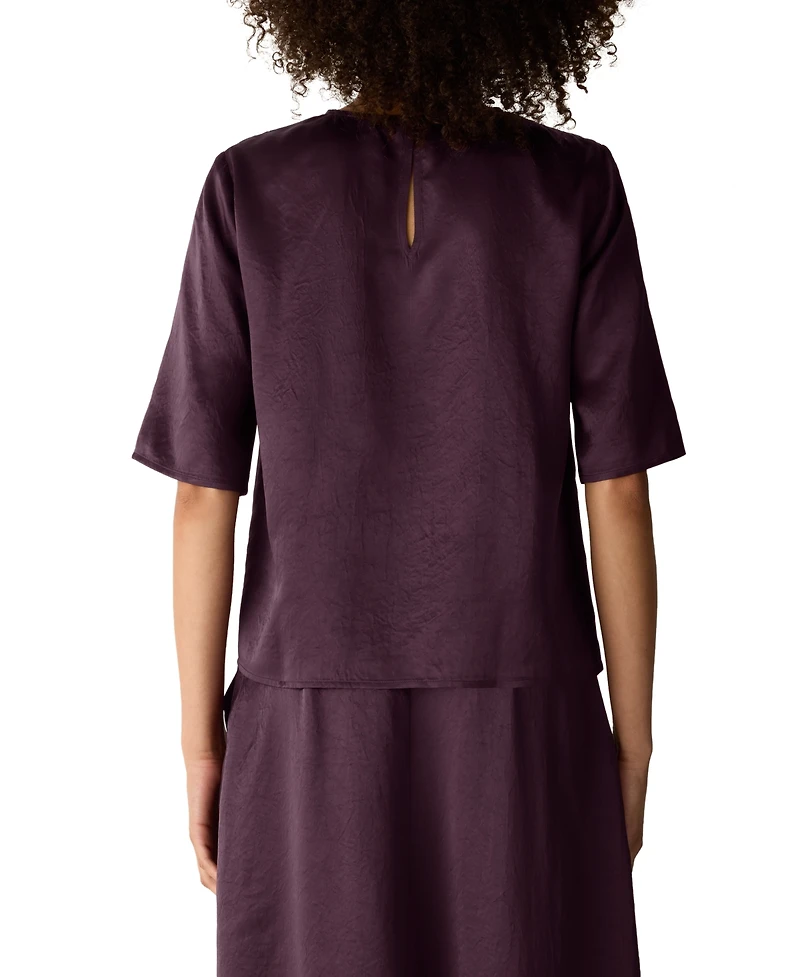 Eileen Fisher Women's Crewneck Elbow-Sleeve Crinkled-Satin Blouse