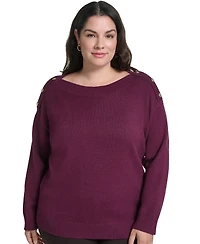 Karl Lagerfeld Paris Plus Boatneck Button Shoulder Overlay Sweater