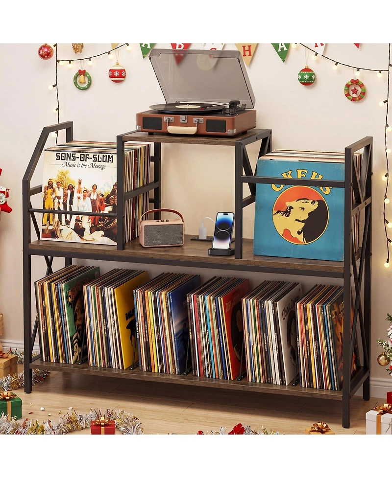 Gymax Record Player Stand with Power Outlets Turntable Stand with Vinyl Storage Dividers