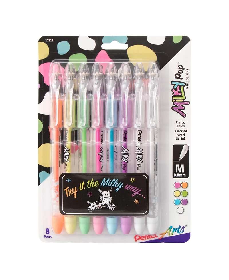 Pentel Arts Milky Pop Pastel Gel Pen, (0.8mm) Medium Line, Assorted Ink (F/G/K/P/S/V/2W), 8-Pk