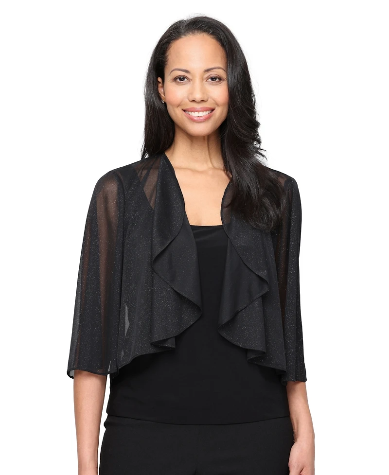 Alex Evenings Women's Glitter Mesh 3/4-Sleeve Cascade Detail Coverup