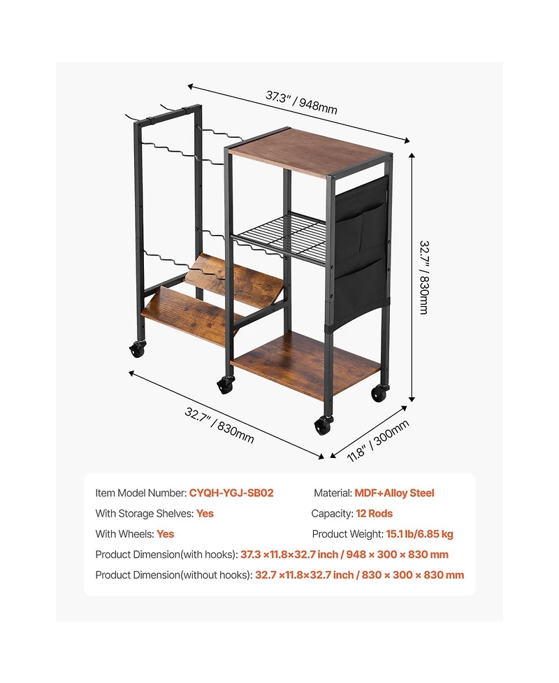 Sugift 12 Rod Mobile Fishing Rod Rack with Storage Shelves and 6 Locking Caster Wheels
