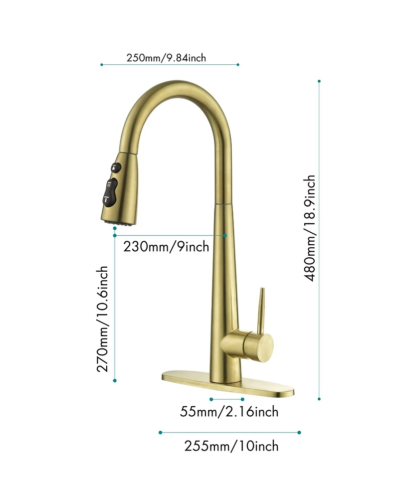 Thirtypeachy Single Handle High Arc Pull-Down Kitchen Faucet, Stainless Steel with 3-Function Sprayer and Deck Plate