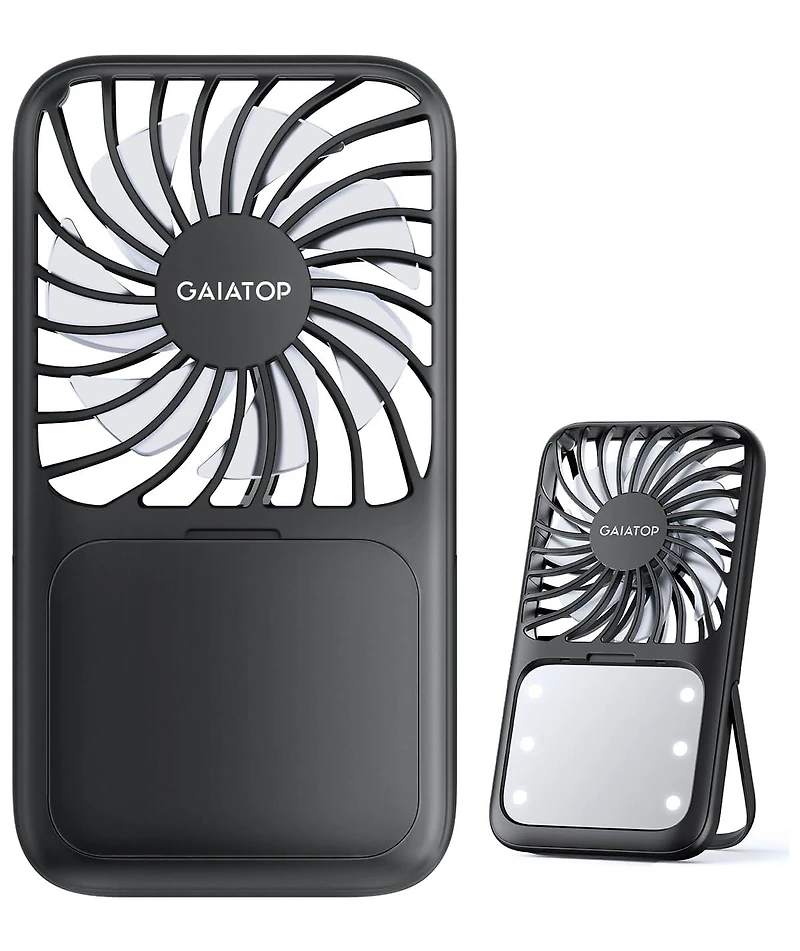 Gaiatop Portable Handheld Fan, 3 Speed Led Makeup Mirror with Light, Folding Stand for Desktop, Rechargeable Mini Personal Fans