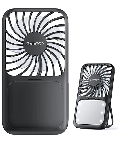 Gaiatop Portable Handheld Fan, 3 Speed Led Makeup Mirror with Light, Folding Stand for Desktop, Rechargeable Mini Personal Fans