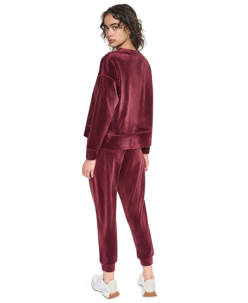 Dkny Sport Women's Velour Relaxed-Fit High-Low Crewneck Pullover Top with Varsity Rhinestone Logo