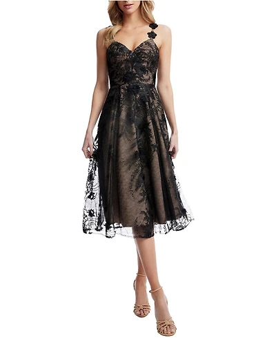 Dress The Population Women's Maren Sweetheart Neck 3D Floral Lace Midi Dress