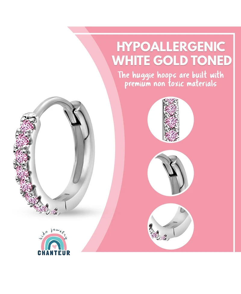 Chanteur Girls /Girl/Round Crystal White Gold Palladium Plating Pink Crystal Huggie Hoop Earrings