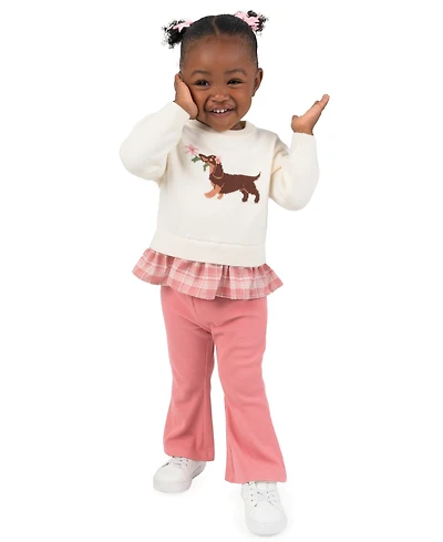 Rare Editions Baby Girls' Dog Top with Plaid Ruffle and Rib Knit Leggings, 2-Piece Set