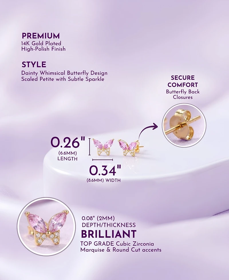 GiGiGirl 14k Gold Plated with Pink Cubic Zirconia Butterfly Stud Earrings