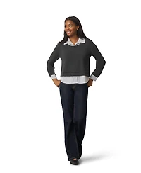 Cable & Gauge Women's Twofer Striped Poplin Collar Long-Sleeve Blouse