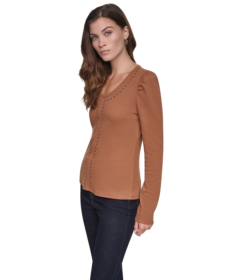 Dkny Jeans Women's Scoop Neck Long-Puff Sleeve Rhinestud Cotton-Blend Top