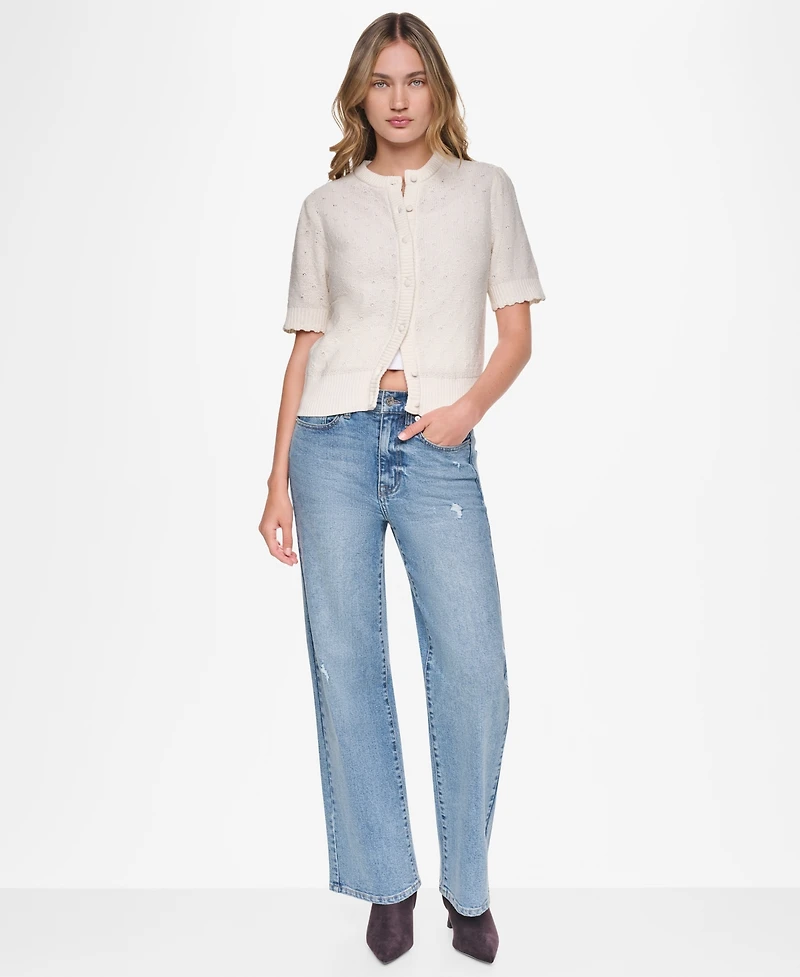 Dkny Jeans Women's Baby Chenille Short-Sleeve Lightweight Open-Stitch Cardigan