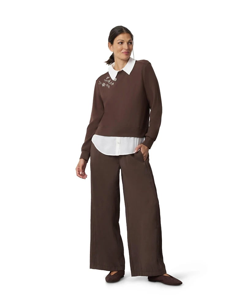 Cable & Gauge Women's Collared Long-Sleeve Embellished Twofer Top