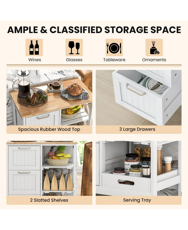Sugift Rolling Kitchen Island Utility Storage Cart with 3 Large Drawers and Removable Tray