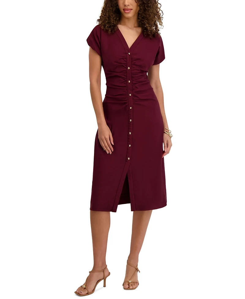 Kensie Women's V-Neck Short-Sleeve Midi Shirt Dress