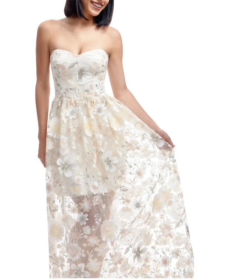 Dress The Population Women's Audrina Strapless Sweetheart 3D Floral Applique Sheer Overlay Gown